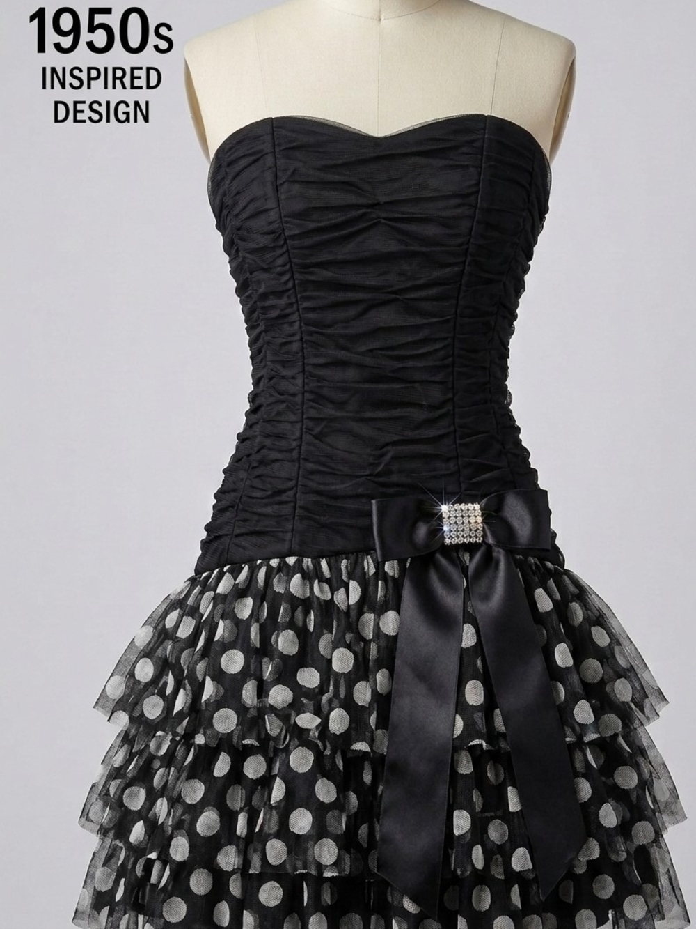 Blondie Nites Black Strapless Polka Dot Tiered Prom Dress